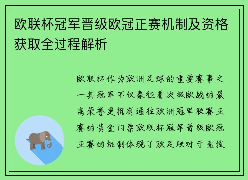 欧联杯冠军晋级欧冠正赛机制及资格获取全过程解析